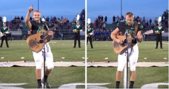 High schooler removes his helmet and grabs a guitar to sing national anthem